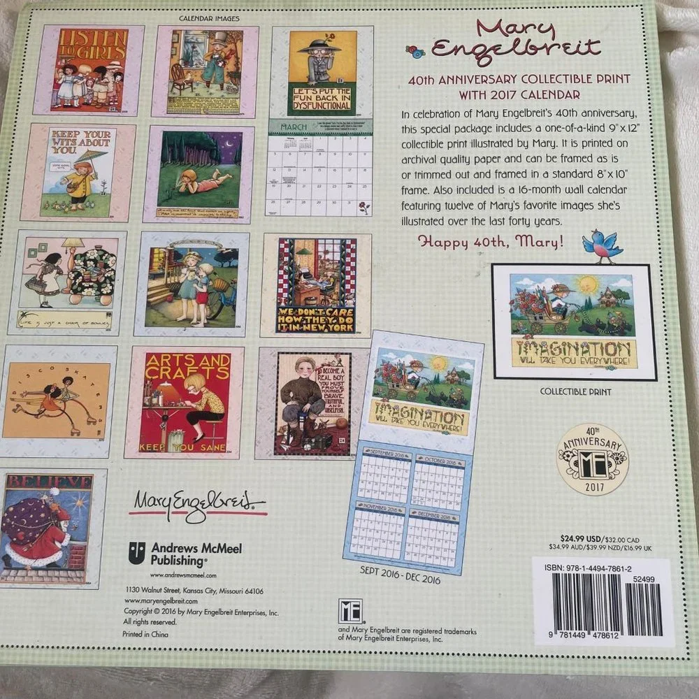 New Open Box Mary Engelbreit 40th Anniversary Collector's Print & Calendar 2017
